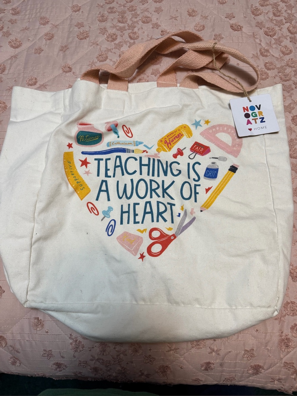 NWT Novogratz "Teaching is a Work of Heart" Canvas Tote Bag